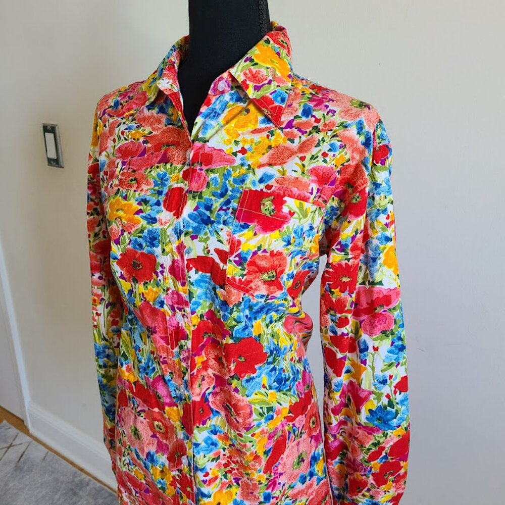 Vtg Maximalist Garden Floral Button Up Shirt Womens L Cotton Newport News Rare
